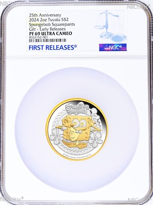 2024 SPONGEBOB SQUAREPANTS 2oz SILVER GILT $2 COIN w/ ''Pineapple Home'' NGC PF69