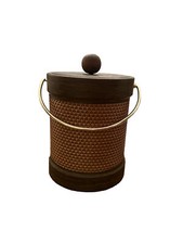Vintage Mid Century Modern Kraftware Rattan Faux Wood Gold Handle Ice Bucket MCM