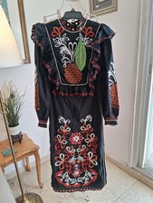 FARM RIO Cashew Mandala Richelieu Embroidered Maxi Dress Black NWT Size S $398