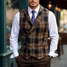 Vintage Men's Vest Check Waistcoat for Wedding Tuxedo Prom Formal Business Vest