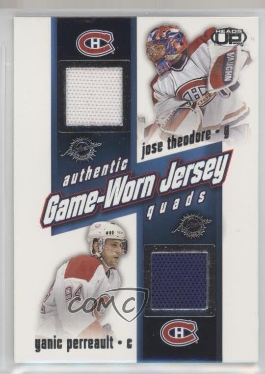 2002 Pacific Heads Up Game-Worn Jersey Quads Jose Theodore Yanic Perreault n1u