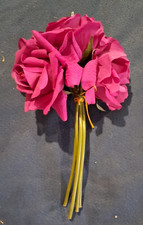 Artificial Fuchsia Pink Rose Bouquet 5 Stem Bundle Faux Magenta Flowers 11"