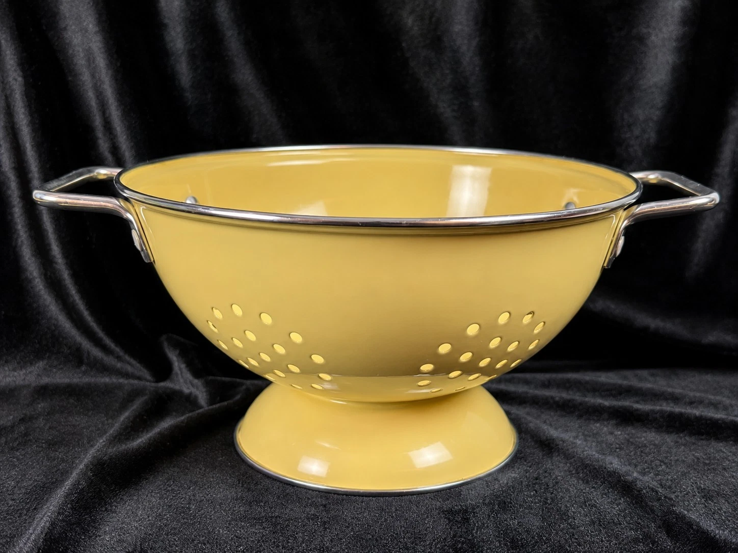 Vintage Yellow Enamelware Pedestal Colander w Chrome Handles 9.5" Strainer MCM