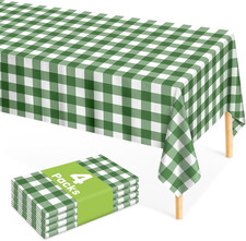 Sage Green Gingham Tablecloth 4 Pack, 54 x 108 Inch Plastic Table Cloth Disposab