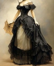 Custom Victoria Medieval Ball Gown Black White Snap Shoulder VNeck Short-Sleeved