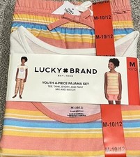 Lucky Brand Girls 4 Piece Flame Resistant Pajama Set MEDIUM 10/12 Multicolor NEW