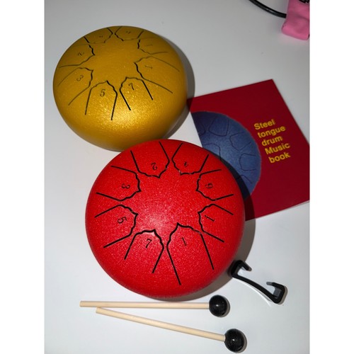 2pc Steel Tongue Drum Set 6 in 8 Note Percussion Instruments Red Gold with Book