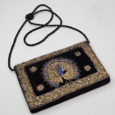 Vintage Black Velvet Zardozi Gilt Embroidered Peacock Evening Bag Clutch Purse 8