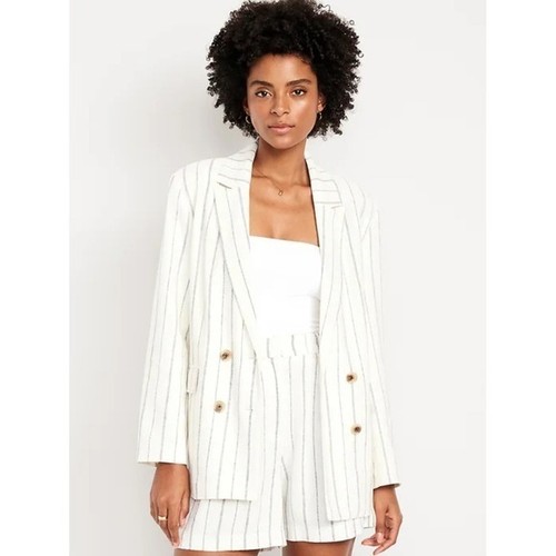 Old Navy Blazer Jacket Women Medium Linen Blend Ivory Navy Striped Double Breast