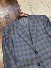 Giorgio Armani Black Label Bold Gray Plaid Check Flat Front Suit Wool Silk 52R