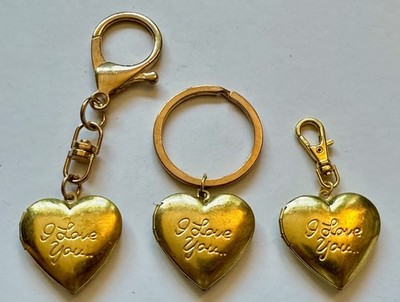 Vintage Style Heart locket brass pendant words I Love You KEY CHAIN OR CLIP ON