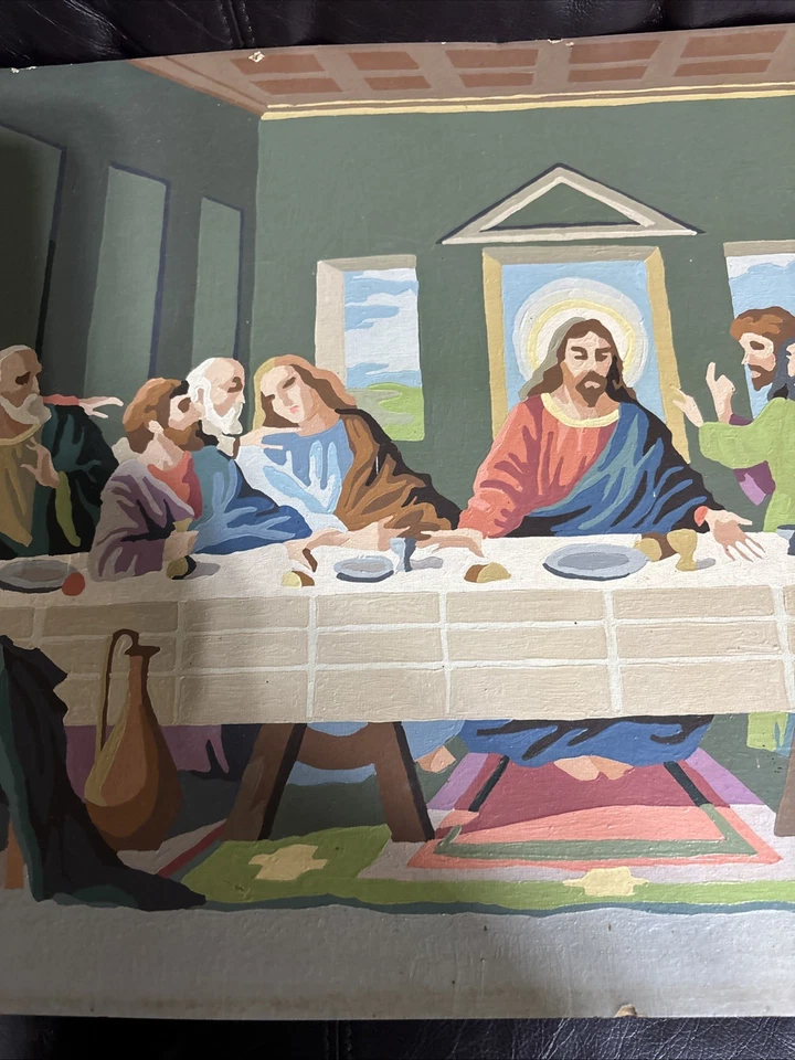 Vintage paint by number PBN The Last Supper No Frame 32x15 Border Damage 1960’s - Image 4 of 4