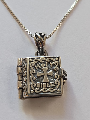 Sterling Silber ~ Heilige Bibel Charm Halskette 18'' ~ ÖFFNET! ~ IMPORTIERT ~ VINTAGE