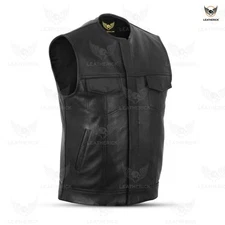Men's SOA Collarless Leather Vest Motorcycle Biker Club Concealed Carry Outlaws