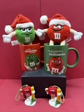 M&M 2 Limited Edition Red And Green Mugs/ 2 Plush M&M 2 Light Up Ornaments Work!