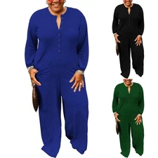 Women's Long Sleeve Plus Size Elegant V-Neck Jumpsuit - Wide Leg Romper Pockets