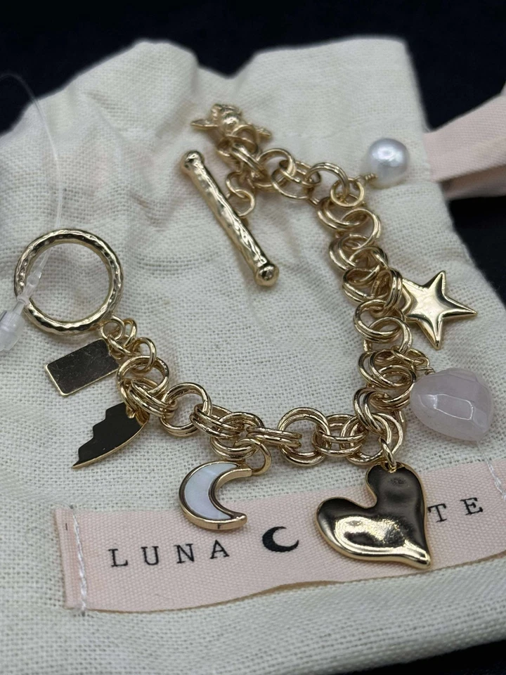 Luna Norte Gold Tone Genuine Multi Stone Charm Bracelet Toggle Clasp 6.5” NWT - Image 3 of 3