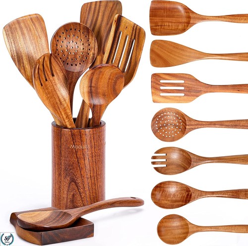 9 PCS Wooden Spoons for Cooking, Wooden Utensils Holder, Kitchen Utensils Set