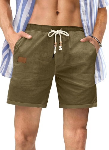 Mens Cotton Linen Casual Shorts Elastic Waist Drawstring Summer Beach Shorts - Picture 3 of 47