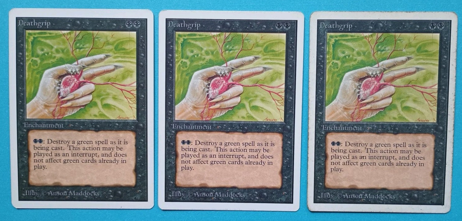 Magic the Gathering Unlimited DEATHGRIP  X 3 ( 1 LP & 2HP)  U  1993!