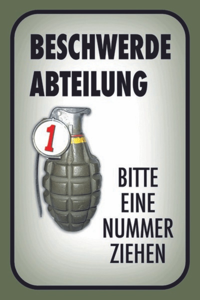 Beschwerdeabteilung Granaten-Schild - Lustiger Büro-Gag Aus 3D-Druck