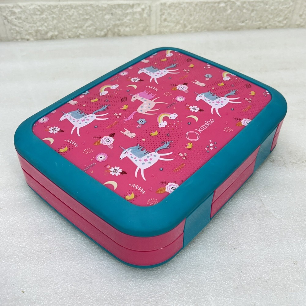 KINSHO Bento Box Pink & Teal Unicorn 5-Portion Sections Removable Tray • VGUC‼