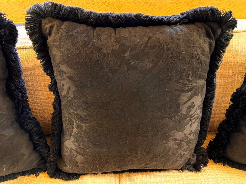 THREE JACQUARD FLORAL BLACK/ BLACK DECORATIVE PILLOW FRINGE HOME DECOR BEDDING - Image 2 of 4