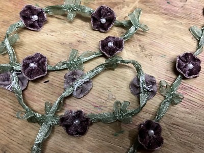 velvet rococo pearls flowers trim satin bows 5/8'' 1yd