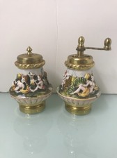 Rare Capodimonte Porcelain And Brass Salt Shaker And Pepper Grinder
