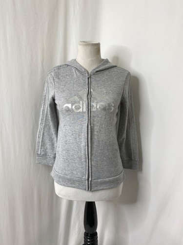 Girls Large Hoodie Adidas Grey Silver Logo Full Zip Athletic Long Sleeve - Picture 2 of 9