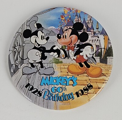 Mickey's 60th 1928 1988 Birthday Mickey Mouse Disneyland Button