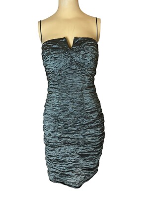 nicole miller ruched bodycon dress 90’s/Y2K Metallic Blue Gray Mini V Notch Sz.8 Vietnamese BREAKFAST AT BRENNAN'S - COLOR:SAGE Length 38