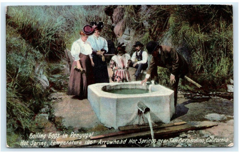 ARROWHED HOT SPRINGS, CA ~ Boiling Eggs in PENYUGAL HOT SPRING c1910s Postcard