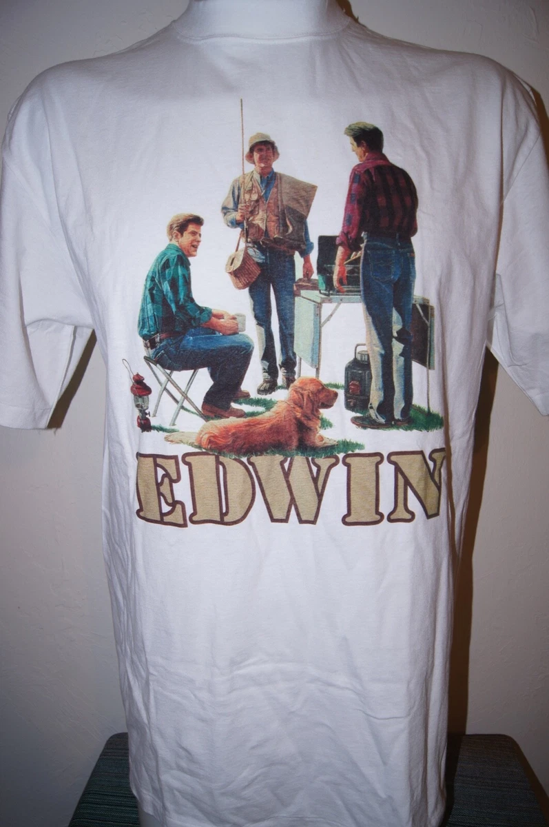 EDWIN JEANS Rugged Camping Fishing Trip Single Stitch L XL T Shirt