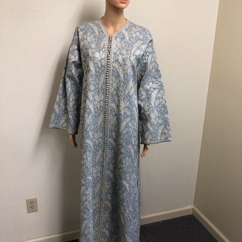Moroccan silver and blue brocade wedding kaftan Sz S/m - Picture 2 of 12
