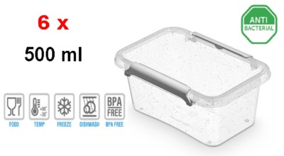 6 x NANOBOX /antibakterielle Wirkung- 0,5 Ltr.-15x9,5x6,5cm- Klar/Silber/Glitter