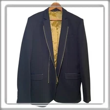 Valiant Paris Men’s Jacket Blazer Navy Blue Gold Zipper Front Evening Size 44