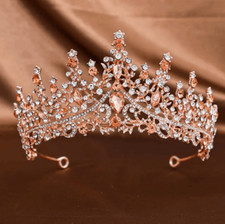 Wicked Silk Prom, Quinceanera Jeweled Crown Tiara Headband - Rose Gold Peach