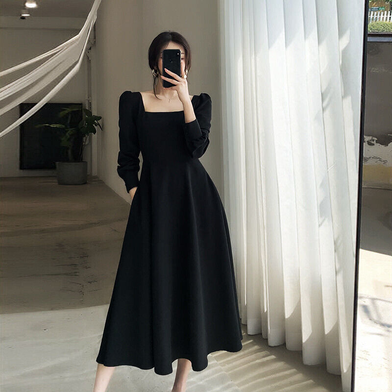 Womens Chic Square Neck Long Sleeves Black Dress High Waist Slim Fit Ball  Gown