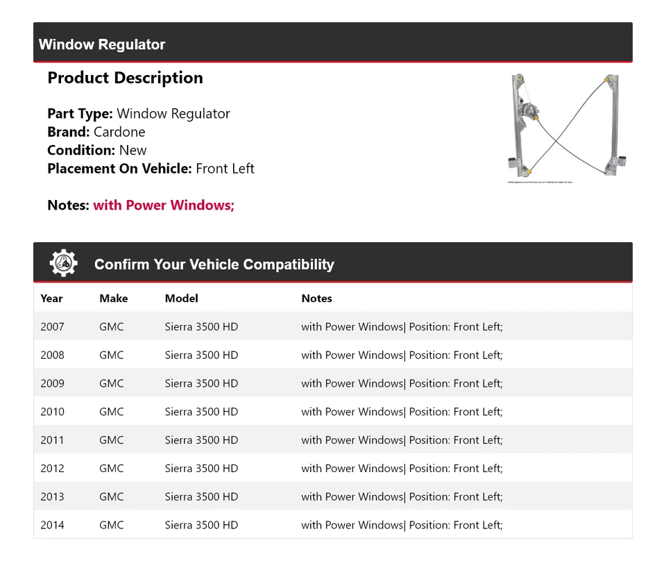 Regulador de ventana delantero izquierdo Cardone 2008 2009 para GMC Sierra 3500 HD 2007-2014 Foto 2 de 4