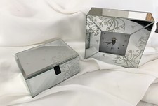 Set Glass Mirrored Mantle Clock & Matching Trinket Box | Velvet Lined | 14cm New
