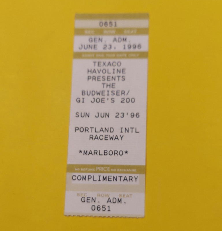 Portland International Raceway vintage Stub INDY Budweiser/GI Joe's 200 1996