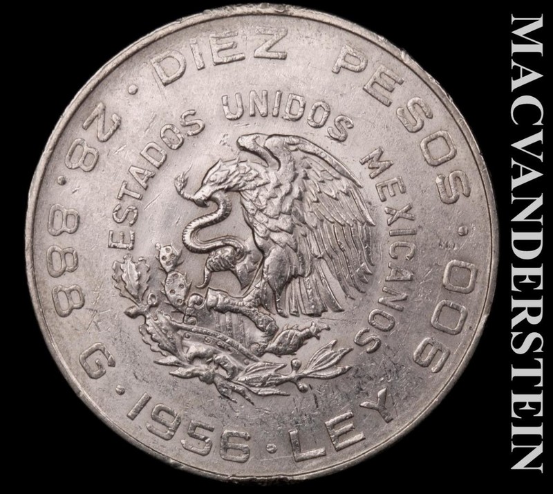 Mexico: 1956 Ten Silver Pesos - Scarce  High Grade  Lustrous  No Reserve  #L7365