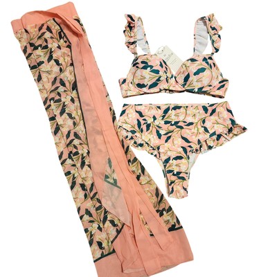 Swimsuit Floral Three Piece Pink Set With Sarong Small