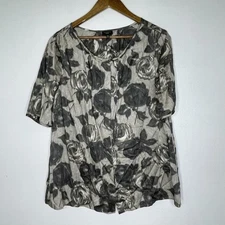 Talbots Shirt Womens 14W Gray Black Floral Blouse 100% Cotton Pleated Top