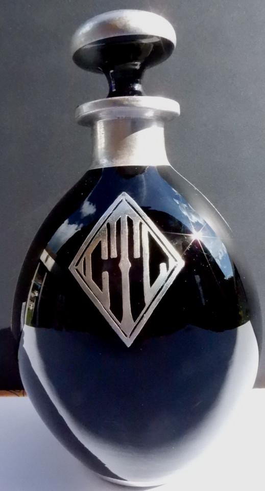Antique Black Pinch Decanter with Sterling Silver Overlay with Stopper