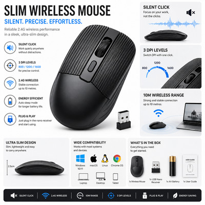 2,4 GHz Wireless Slim USB Maus Mini Optischer Sensor 3 DPI Modi für PC Mac Laptop