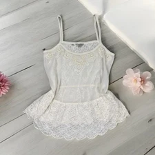 Guess Cream Pearl Beaded Lace Sheer Top Boho Romantic Cottagecore Dainty Pretty