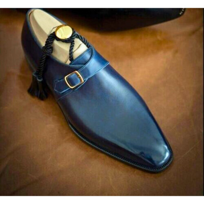 Tailored Navy Blue Leather Single Monk Strap Dress Shoes Gold Buckle Mens Patina