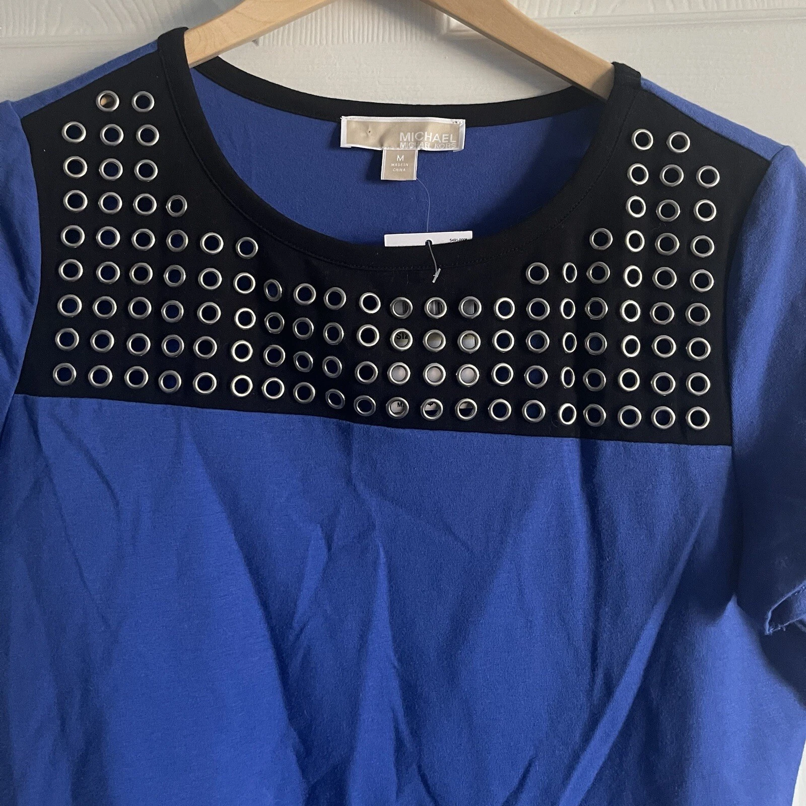 MICHAEL KORS Vestito Donna Blu Nero Tono Argento Passamaneria Manica Corta M Nuovo con etichette